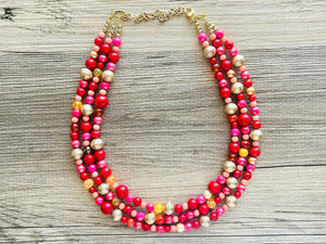Glowing Campfire Necklace, Triple Layer Statement Jewelry, autumn Statement Necklace, deep orange Wedding Bridesmaid Jewelry gold red pink