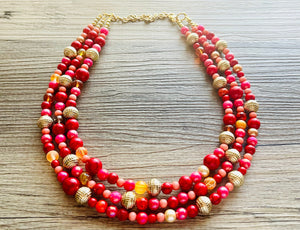 Glowing Campfire Necklace, Triple Layer Statement Jewelry, autumn Statement Necklace, deep orange Wedding Bridesmaid Jewelry gold red pink