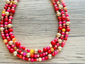 Glowing Campfire Necklace, Triple Layer Statement Jewelry, autumn Statement Necklace, deep orange Wedding Bridesmaid Jewelry gold red pink