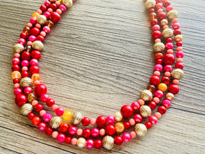 Glowing Campfire Necklace, Triple Layer Statement Jewelry, autumn Statement Necklace, deep orange Wedding Bridesmaid Jewelry gold red pink