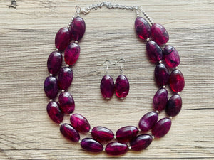 Eggplant Big Beaded Statement Necklace, beaded jewelry, purple beaded necklace, dark purple necklace chunky beaded bib earrings