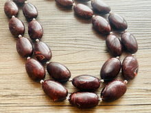 Load image into Gallery viewer, Mocha Shimmer Swirl Statement Necklace, Chunky Beaded Necklace, brown beaded necklace, 2 strand dark deep brown earrings jewelry earrings