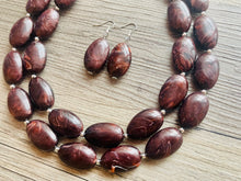 Load image into Gallery viewer, Mocha Shimmer Swirl Statement Necklace, Chunky Beaded Necklace, brown beaded necklace, 2 strand dark deep brown earrings jewelry earrings