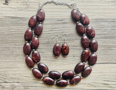 Mocha Shimmer Swirl Statement Necklace, Chunky Beaded Necklace, brown beaded necklace, 2 strand dark deep brown earrings jewelry earrings