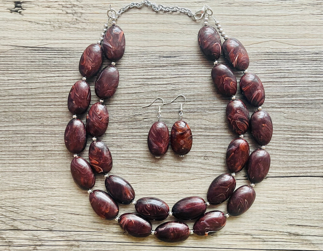 Mocha Shimmer Swirl Statement Necklace, Chunky Beaded Necklace, brown beaded necklace, 2 strand dark deep brown earrings jewelry earrings