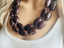 Load image into Gallery viewer, Mocha Shimmer Swirl Statement Necklace, Chunky Beaded Necklace, brown beaded necklace, 2 strand dark deep brown earrings jewelry earrings