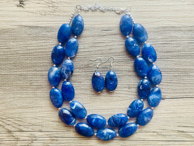 Royal Blue 2 strand Beaded Statement Necklace, Chunky Bib swirls Blue Multi-Strand Jewelry, blue drop earrings, neutral necklace turquoise