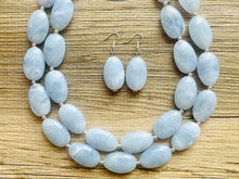 Load image into Gallery viewer, Light Blue Statement Necklace, chunky bib beaded jewelry, sky blue color block necklace, beaded acrylic bib jewelry periwinkle double strand