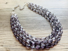 Load image into Gallery viewer, Translucent Smoke Gray 5 strand statement Necklace, Gray Beaded Necklace, summer silver jewelry, bubble bib neutral layer gunmetal