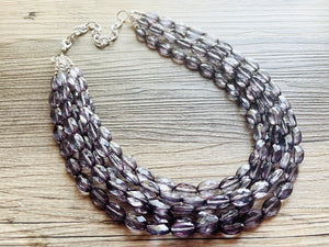 Translucent Smoke Gray 5 strand statement Necklace, Gray Beaded Necklace, summer silver jewelry, bubble bib neutral layer gunmetal