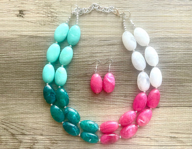 Color Block Double Statement Necklace, Chunky Jewelry Big Beaded Necklace, emerald green teal pink white Necklace, bead bubble earrings