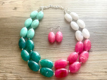 Load image into Gallery viewer, Color Block Double Statement Necklace, Chunky Jewelry Big Beaded Necklace, emerald green teal pink white Necklace, bead bubble earrings
