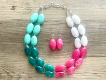 Load image into Gallery viewer, Color Block Double Statement Necklace, Chunky Jewelry Big Beaded Necklace, emerald green teal pink white Necklace, bead bubble earrings