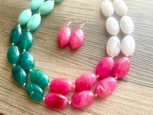 Load image into Gallery viewer, Color Block Double Statement Necklace, Chunky Jewelry Big Beaded Necklace, emerald green teal pink white Necklace, bead bubble earrings
