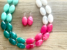 Load image into Gallery viewer, Color Block Double Statement Necklace, Chunky Jewelry Big Beaded Necklace, emerald green teal pink white Necklace, bead bubble earrings
