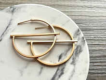 Load image into Gallery viewer, Strikeout! Gold Earrings, drop Metal Hoop Earrings, filigree jewelry, metallic gold jewelry cutout earrings metal geometric 42mm Circle