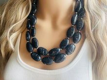 Load image into Gallery viewer, Black Swirl Necklace, double strand jewelry, big beaded chunky statement necklace, black necklace, drop black resin earrings 1 strand