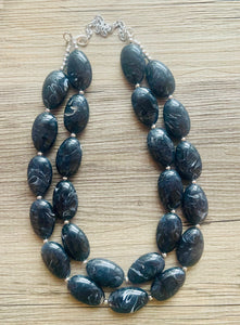 Black Swirl Necklace, double strand jewelry, big beaded chunky statement necklace, black necklace, drop black resin earrings 1 strand