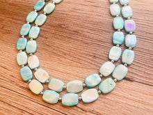 Load image into Gallery viewer, Shell Aqua Light 2 strand Beaded Statement Necklace, Chunky Bib swirls Blue Multi-Strand Jewelry, blue drop earrings, neutral necklace