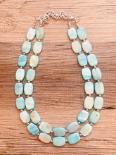 Load image into Gallery viewer, Shell Aqua Light 2 strand Beaded Statement Necklace, Chunky Bib swirls Blue Multi-Strand Jewelry, blue drop earrings, neutral necklace