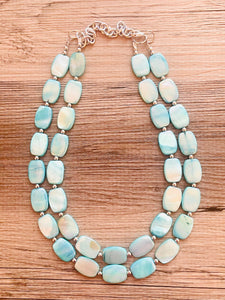 Shell Aqua Light 2 strand Beaded Statement Necklace, Chunky Bib swirls Blue Multi-Strand Jewelry, blue drop earrings, neutral necklace