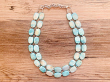 Load image into Gallery viewer, Shell Aqua Light 2 strand Beaded Statement Necklace, Chunky Bib swirls Blue Multi-Strand Jewelry, blue drop earrings, neutral necklace