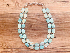 Shell Aqua Light 2 strand Beaded Statement Necklace, Chunky Bib swirls Blue Multi-Strand Jewelry, blue drop earrings, neutral necklace