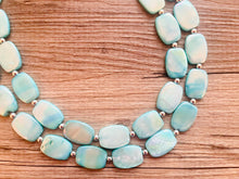 Load image into Gallery viewer, Shell Aqua Light 2 strand Beaded Statement Necklace, Chunky Bib swirls Blue Multi-Strand Jewelry, blue drop earrings, neutral necklace