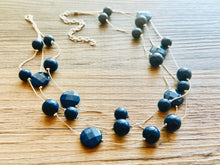 Load image into Gallery viewer, Dark Blue &amp; Silver Chunky Statement Jewelry Set, Big beaded vintage, Triple Strand Illusion Statement Necklace, Bib blue bridesmaid wedding