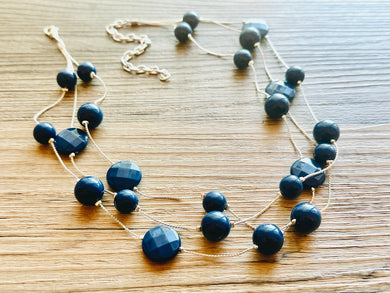 Dark Blue & Silver Chunky Statement Jewelry Set, Big beaded vintage, Triple Strand Illusion Statement Necklace, Bib blue bridesmaid wedding