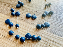 Load image into Gallery viewer, Dark Blue &amp; Silver Chunky Statement Jewelry Set, Big beaded vintage, Triple Strand Illusion Statement Necklace, Bib blue bridesmaid wedding