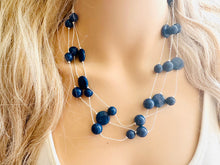 Load image into Gallery viewer, Dark Blue &amp; Silver Chunky Statement Jewelry Set, Big beaded vintage, Triple Strand Illusion Statement Necklace, Bib blue bridesmaid wedding