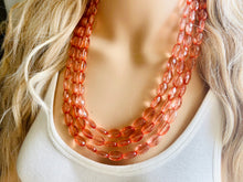 Load image into Gallery viewer, Translucent Coral 3 strand statement Necklace, Peach Beaded Necklace, summer silver jewelry, bubble bib neutral layer coral pink