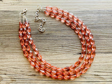 Load image into Gallery viewer, Translucent Coral 3 strand statement Necklace, Peach Beaded Necklace, summer silver jewelry, bubble bib neutral layer coral pink