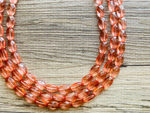 Load image into Gallery viewer, Translucent Coral 3 strand statement Necklace, Peach Beaded Necklace, summer silver jewelry, bubble bib neutral layer coral pink