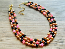 Load image into Gallery viewer, Pink Black &amp; Gold Statement Necklace, 3 Strand Beaded Jewelry, black and gold jewelry, bridsmaid wedding necklace, blush hot pink necklace