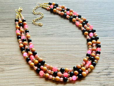 Pink Black & Gold Statement Necklace, 3 Strand Beaded Jewelry, black and gold jewelry, bridsmaid wedding necklace, blush hot pink necklace