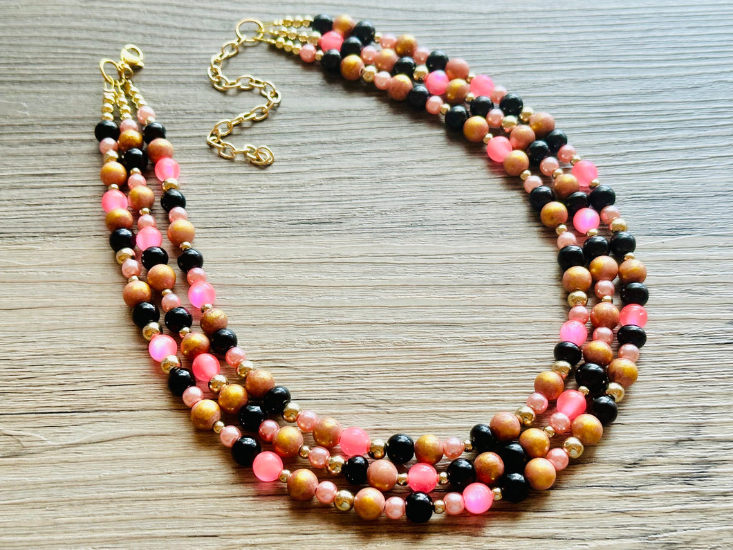 Pink Black & Gold Statement Necklace, 3 Strand Beaded Jewelry, black and gold jewelry, bridsmaid wedding necklace, blush hot pink necklace