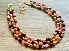 Load image into Gallery viewer, Pink Black &amp; Gold Statement Necklace, 3 Strand Beaded Jewelry, black and gold jewelry, bridsmaid wedding necklace, blush hot pink necklace