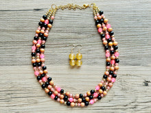 Load image into Gallery viewer, Pink Black &amp; Gold Statement Necklace, 3 Strand Beaded Jewelry, black and gold jewelry, bridsmaid wedding necklace, blush hot pink necklace