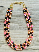 Load image into Gallery viewer, Pink Black &amp; Gold Statement Necklace, 3 Strand Beaded Jewelry, black and gold jewelry, bridsmaid wedding necklace, blush hot pink necklace