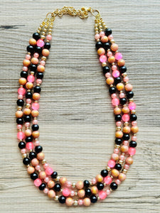 Pink Black & Gold Statement Necklace, 3 Strand Beaded Jewelry, black and gold jewelry, bridsmaid wedding necklace, blush hot pink necklace