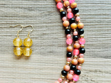 Load image into Gallery viewer, Pink Black &amp; Gold Statement Necklace, 3 Strand Beaded Jewelry, black and gold jewelry, bridsmaid wedding necklace, blush hot pink necklace