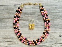 Load image into Gallery viewer, Pink Black &amp; Gold Statement Necklace, 3 Strand Beaded Jewelry, black and gold jewelry, bridsmaid wedding necklace, blush hot pink necklace