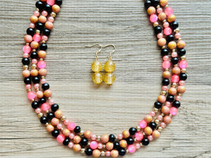 Pink Black & Gold Statement Necklace, 3 Strand Beaded Jewelry, black and gold jewelry, bridsmaid wedding necklace, blush hot pink necklace