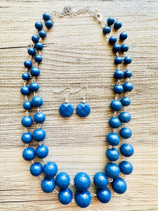 Navy Blue Statement Necklace, Chunky Jewelry Big Beaded Double Strand Necklace, Dark Blue Necklace, Blue Jewelry Set, cobalt silver Beaded
