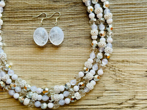 Winter & Summer Chunky Statement Necklace, Big beaded jewelry, White Silver 3 Strand Statement Necklace, Bib necklace beaded resin cream