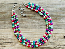 Load image into Gallery viewer, Malibu Hot Pink Statement Necklace, Chunky 3 Strand Jewelry, summer necklace, purple necklace, light green blush pink bib necklace
