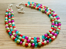 Load image into Gallery viewer, Malibu Hot Pink Statement Necklace, Chunky 3 Strand Jewelry, summer necklace, purple necklace, light green blush pink bib necklace