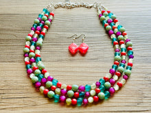 Load image into Gallery viewer, Malibu Hot Pink Statement Necklace, Chunky 3 Strand Jewelry, summer necklace, purple necklace, light green blush pink bib necklace
